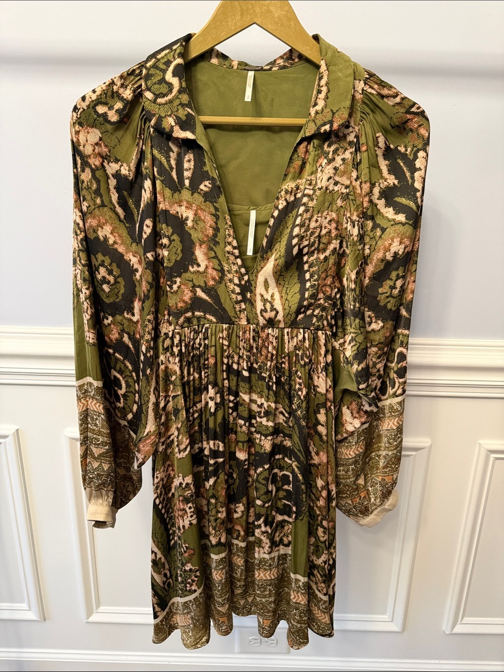 Free People Say You Love Me Olive Green Paisley Bohemian Festival Dress S Small